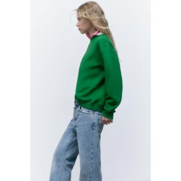 Green Zara Crew Neck Long Sleeve Cotton Pullover Sweatshirt (NWT) - Picture 2 of 9